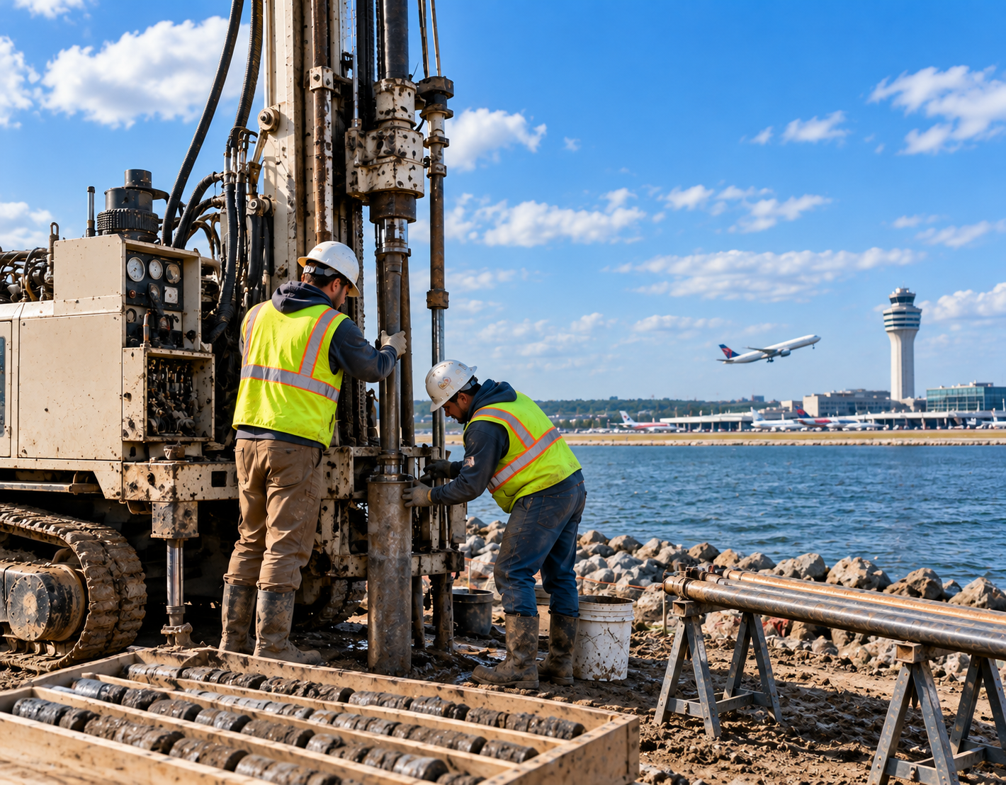 Geotechnical drilling crew working near a waterfront with an airport control tower in the background