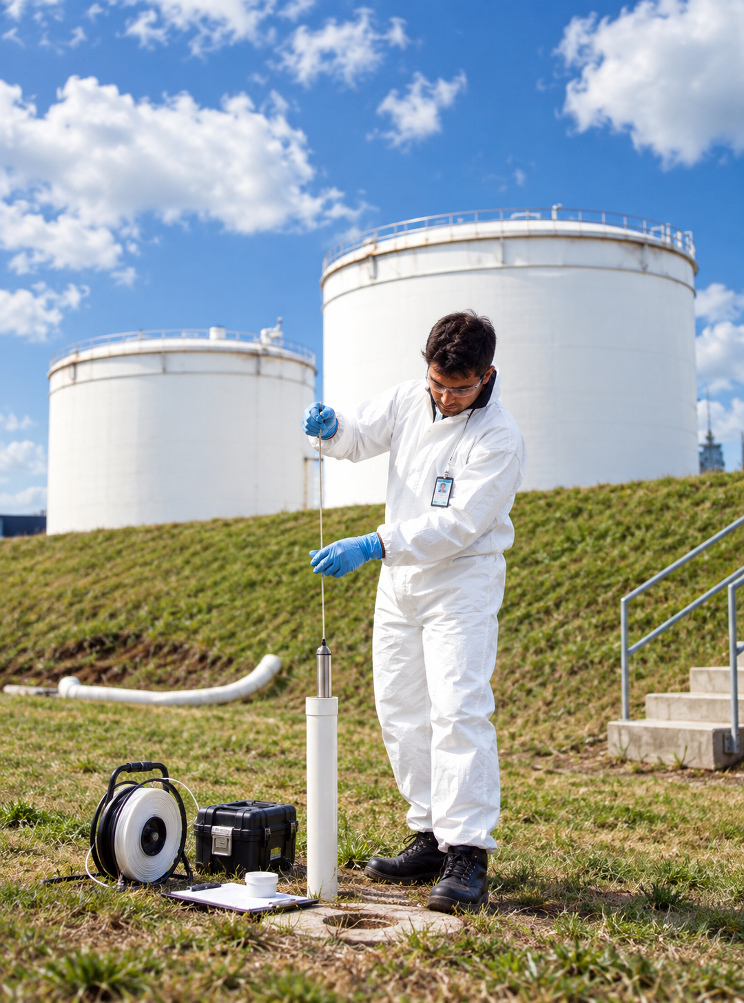 Environmental technician collecting samples at an industrial site