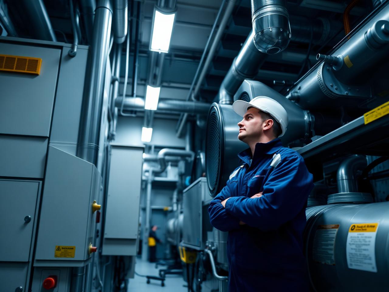 Facilities technician inspecting mechanical plant equipment