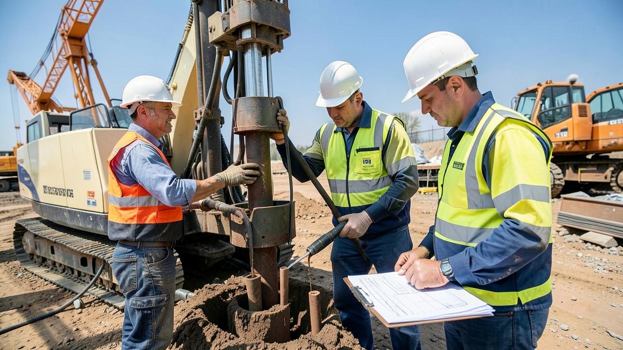 Geotechnical drilling crew collecting subsurface samples on a project site